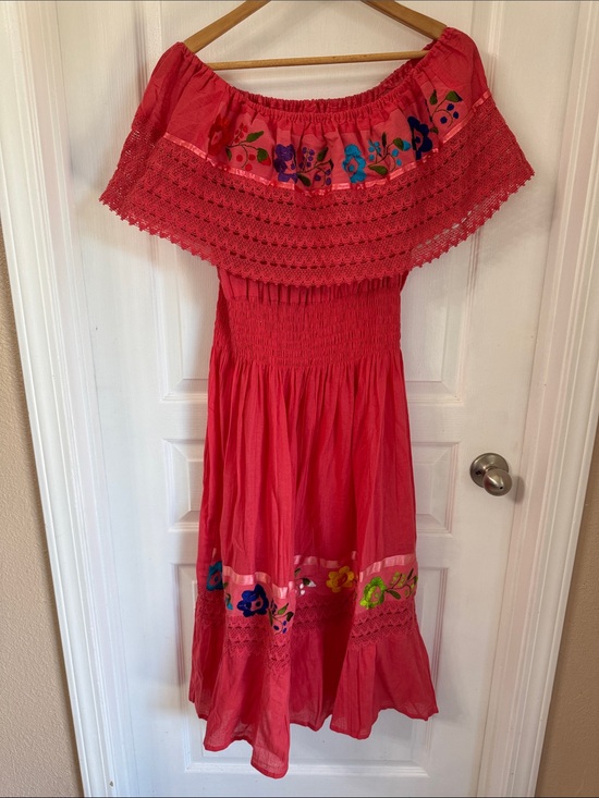 Dresses & Skirts - Mexican Coral Embroidered Off-Shoulder Dress